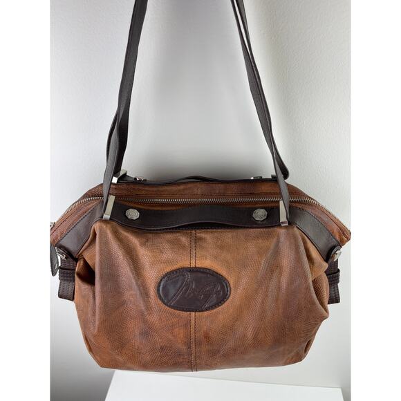 VINTAGE Max Azria Textured Leather Brown Tan Shoulder Strap Hobo Weekender Bag - Picture 9 of 11